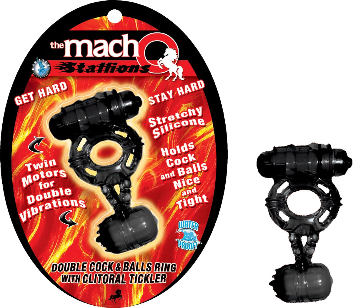 THE MACHO STALLIONS-DOUBLE COCK & BALLS W/CLITORAL TICKLER-BLACK
