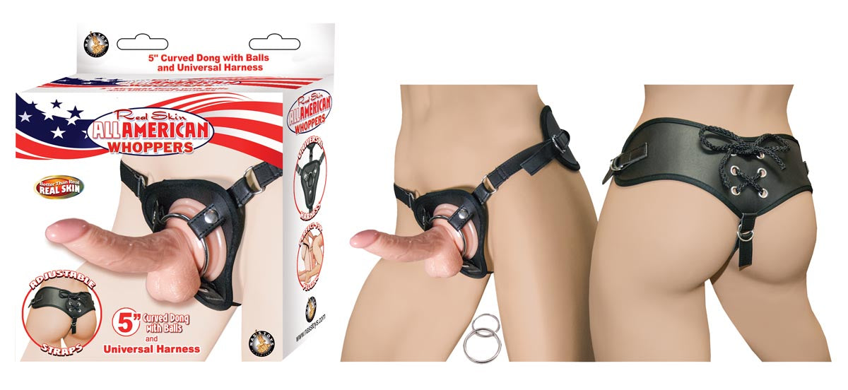 ALL AMERICAN WHOPPERS 5" CURVED DONG W/BALLS & UNIVERSAL HARNESS-WHITE