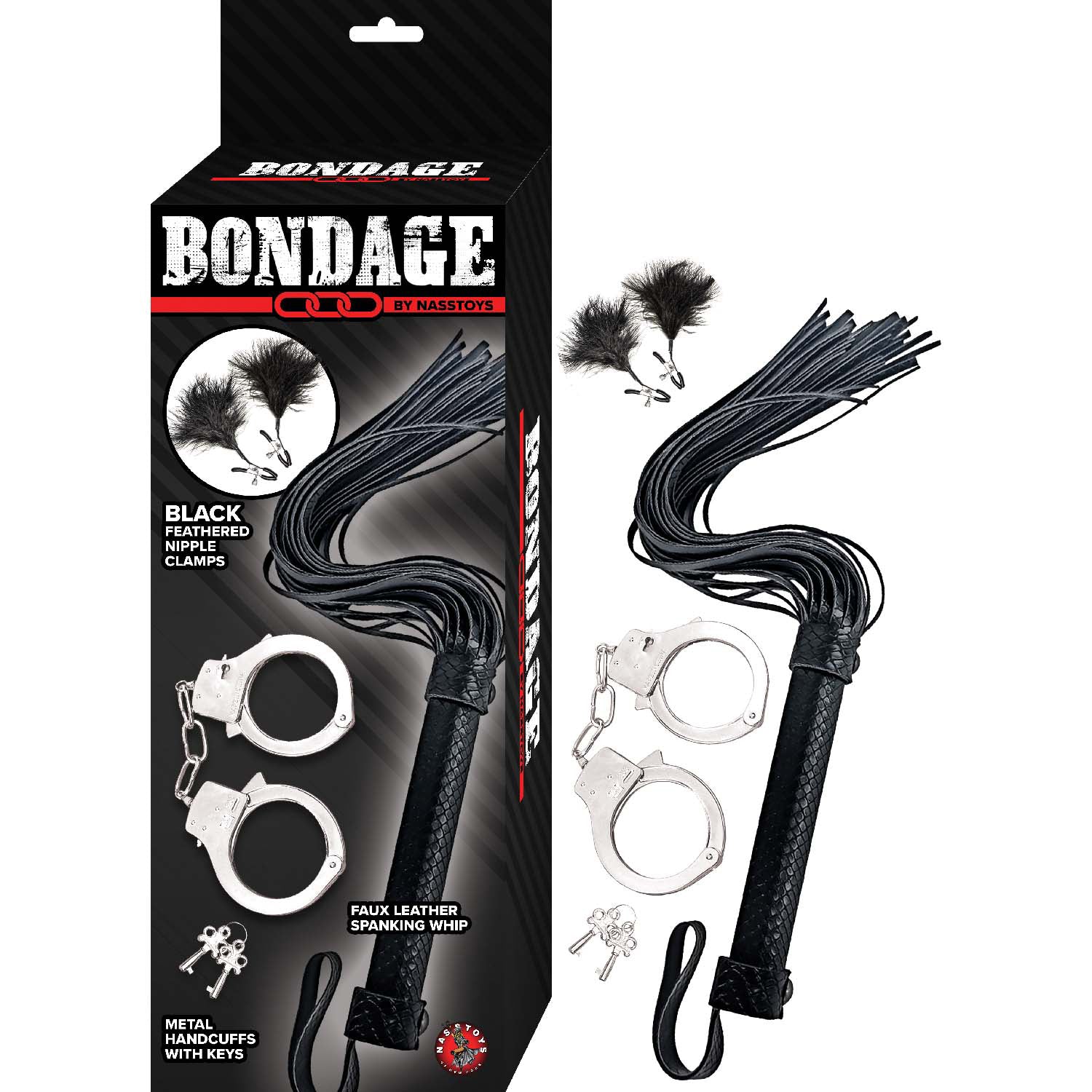 BONDAGE BY NASSTOYS WHIP, FEATHER & CUFFS