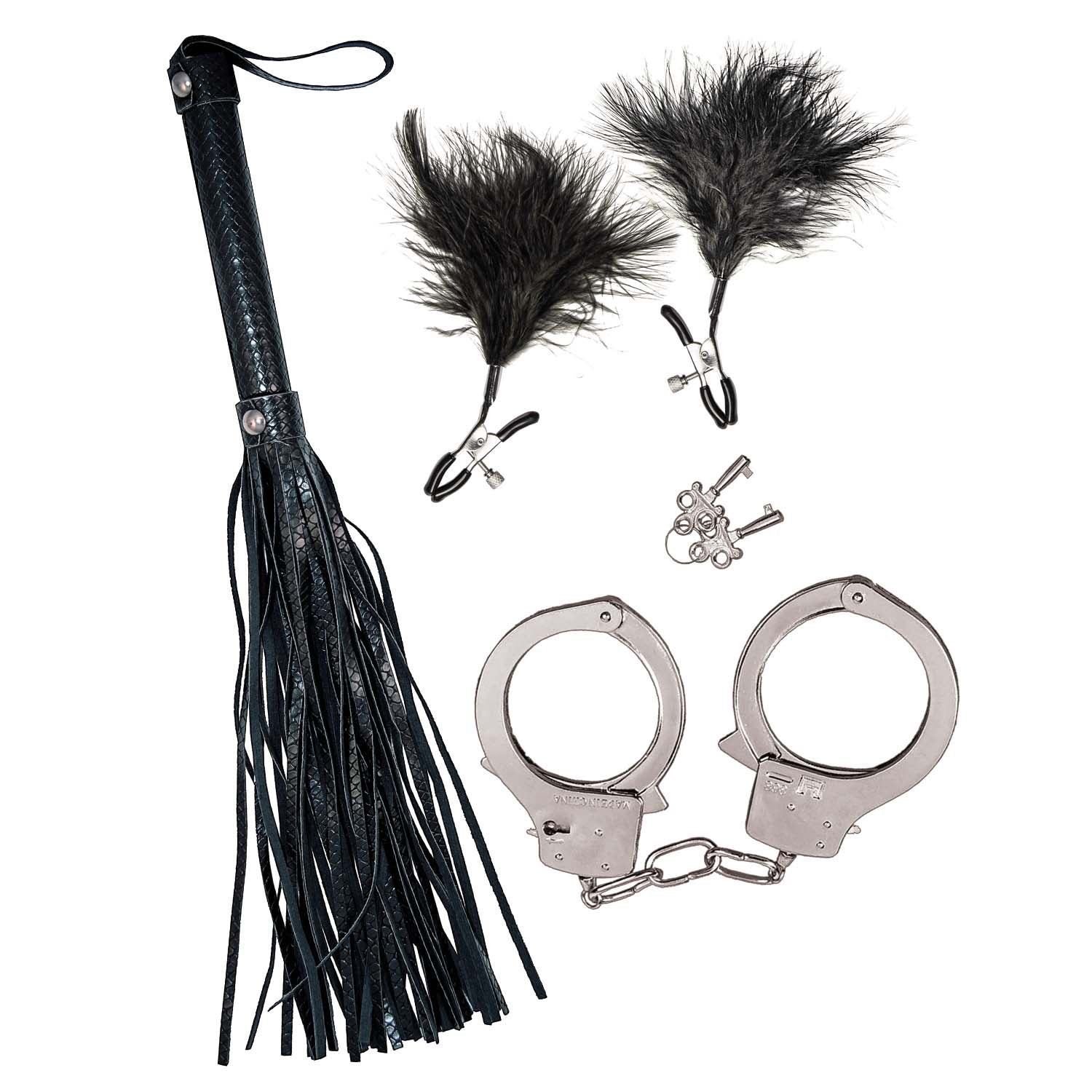 BONDAGE BY NASSTOYS WHIP, FEATHER & CUFFS